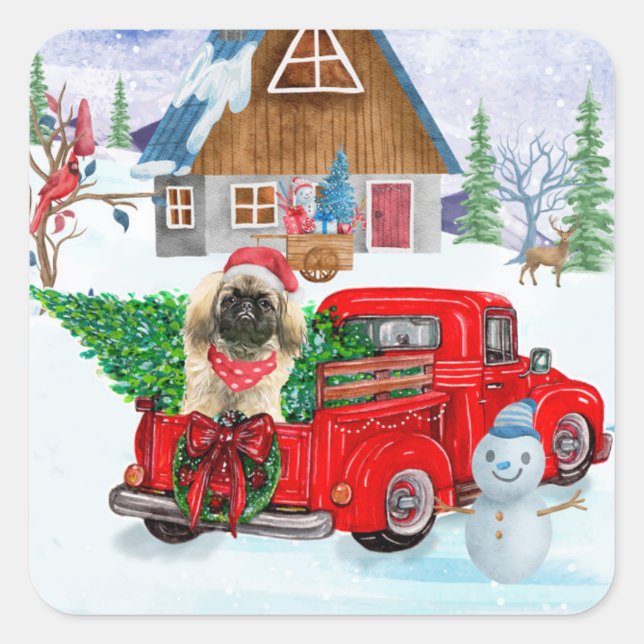 Pekingese Dog In Christmas Delivery Truck Snow Square Sticker (Front)