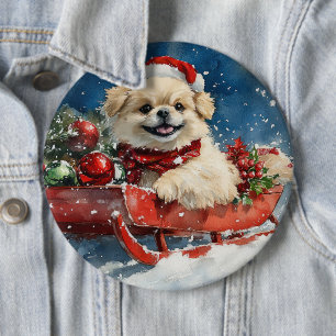 Pekingese Dog in Sledge Let it Snow Christmas 6 Cm Round Badge