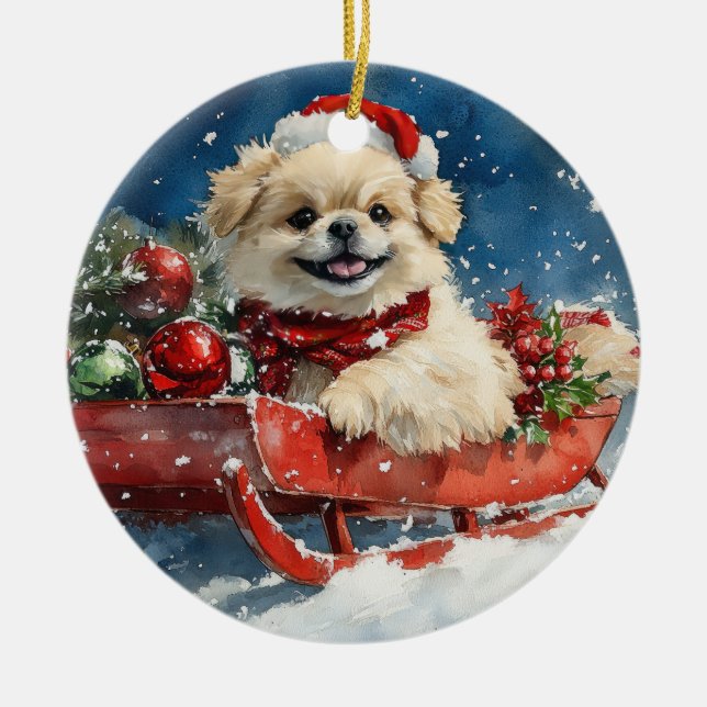 Pekingese Dog in Sledge Let it Snow Christmas Ceramic Ornament (Front)