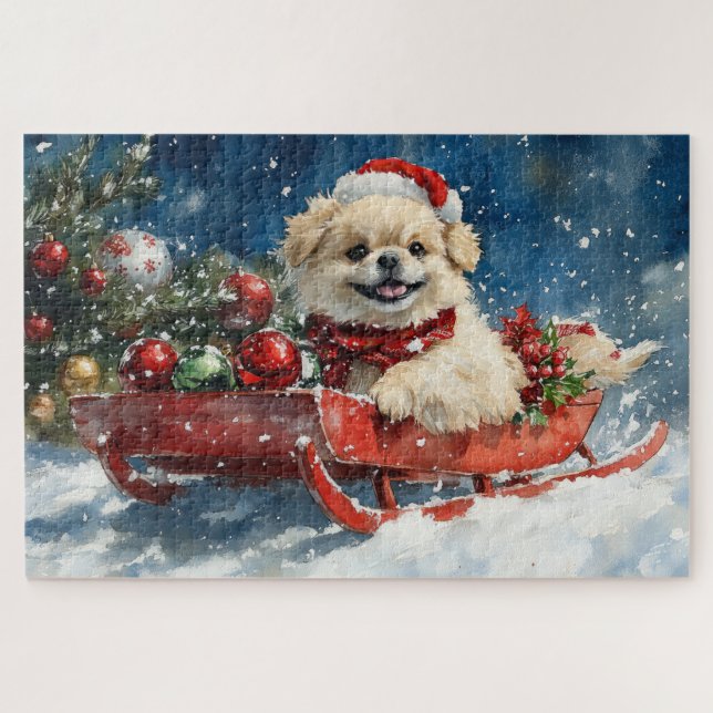Pekingese Dog in Sledge Let it Snow Christmas Jigsaw Puzzle (Horizontal)