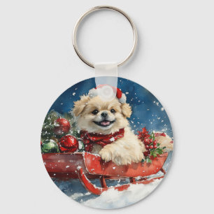 Pekingese Dog in Sledge Let it Snow Christmas Key Ring