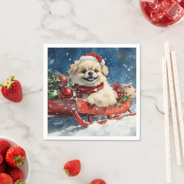 Pekingese Dog in Sledge Let it Snow Christmas Napkin (Insitu)