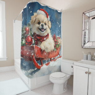 Pekingese Dog in Sledge Let it Snow Christmas Shower Curtain