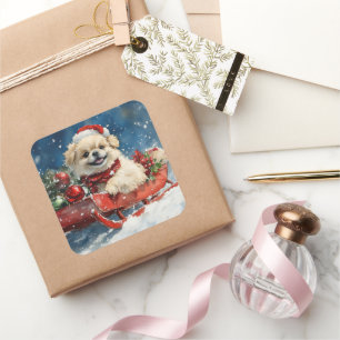Pekingese Dog in Sledge Let it Snow Christmas Square Sticker