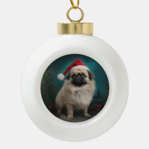 Pekingese Dog in Snow Christmas Ceramic Ball Christmas Ornament