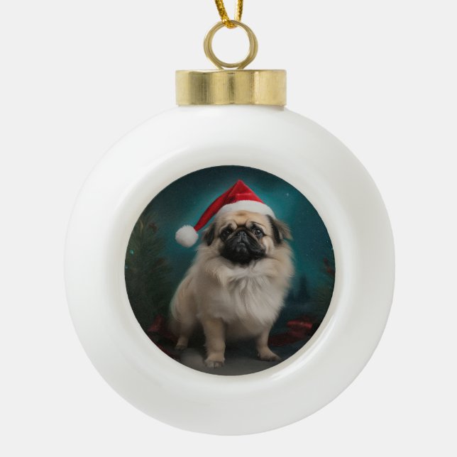 Pekingese Dog in Snow Christmas Ceramic Ball Christmas Ornament (Front)