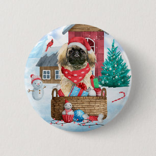 Pekingese Dog In snow Christmas Dog House  6 Cm Round Badge