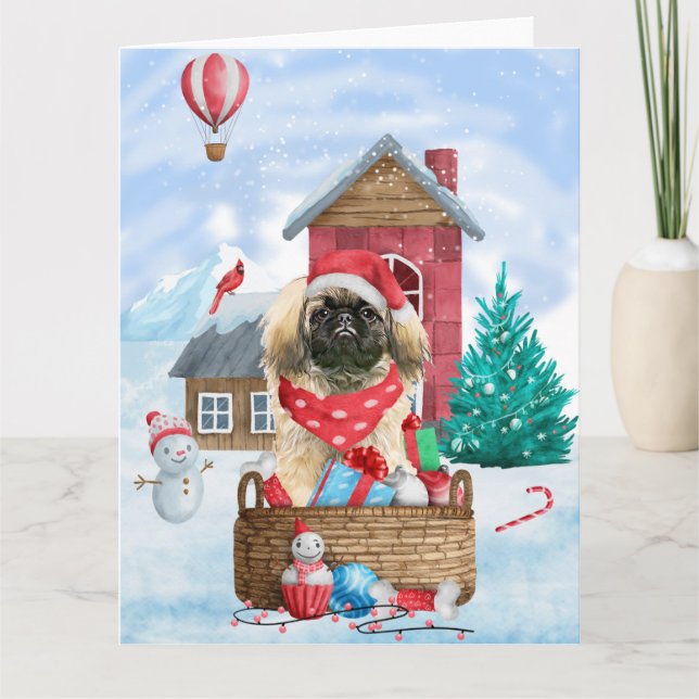 Pekingese Dog In snow Christmas Dog House Card (Front)