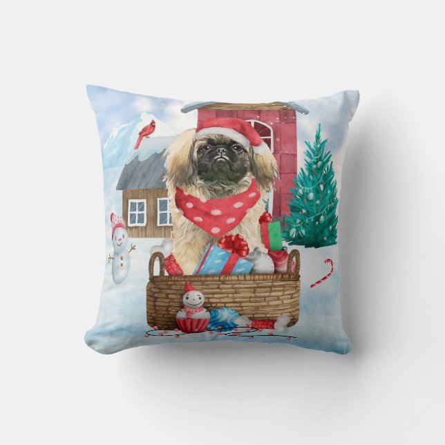 Pekingese Dog In snow Christmas Dog House Cushion (Front)