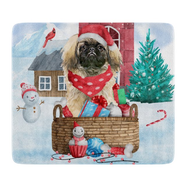 Pekingese Dog In snow Christmas Dog House Cutting Board (Front)