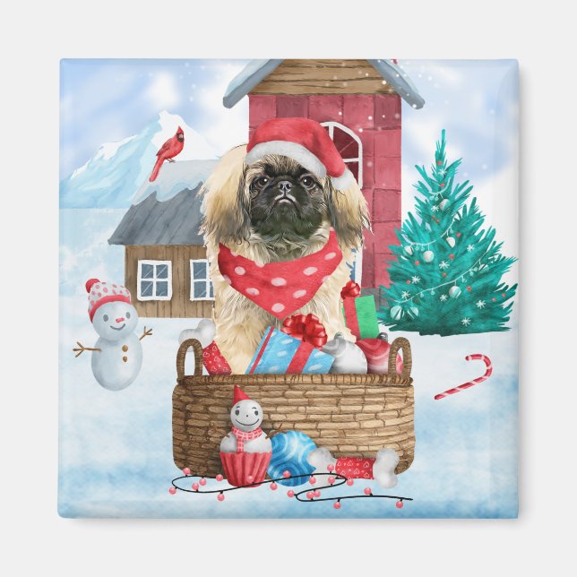 Pekingese Dog In snow Christmas Dog House Magnet (Front)