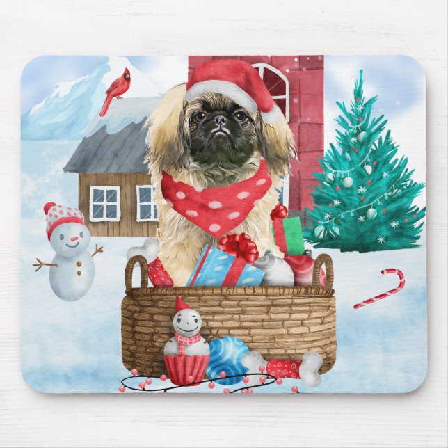 Pekingese Dog In snow Christmas Dog House Mouse Pad (Front)