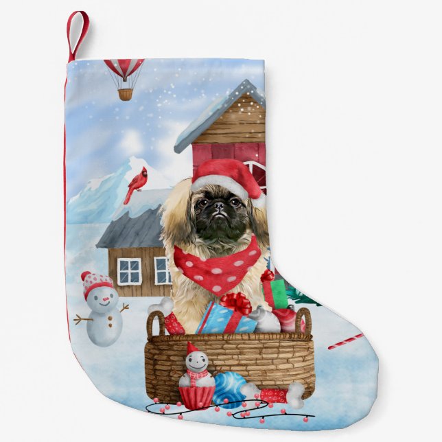 Pekingese Dog In snow Christmas Dog House Throw Pi Small Christmas Stocking (Front)