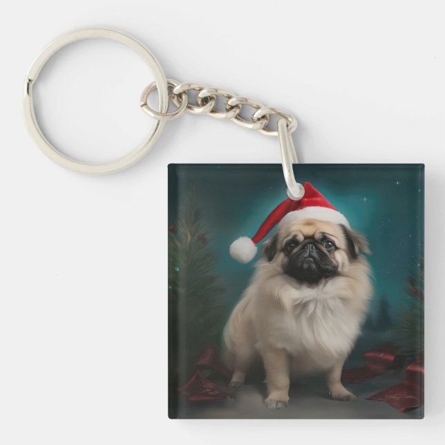 Pekingese Dog in Snow Christmas Key Ring (Front)