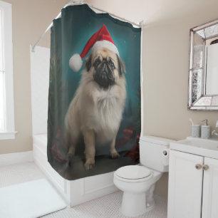 Pekingese Dog in Snow Christmas Shower Curtain
