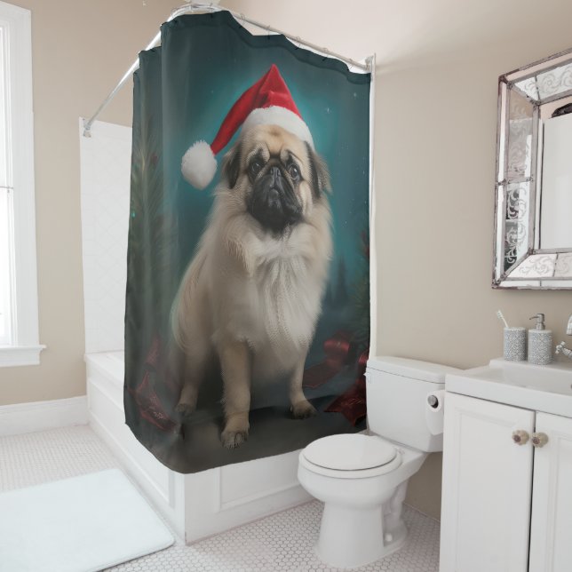 Pekingese Dog in Snow Christmas Shower Curtain (In Situ)
