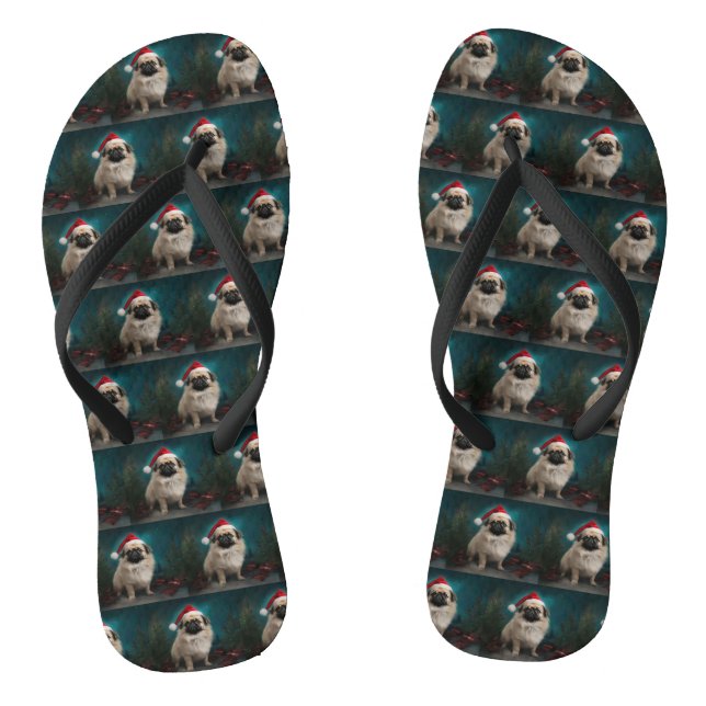 Pekingese Dog in Snow Christmas Thongs (Footbed)