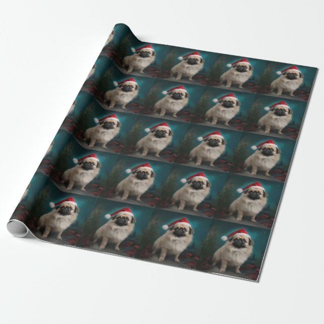 Pekingese Dog in Snow Christmas Wrapping Paper (Unrolled)