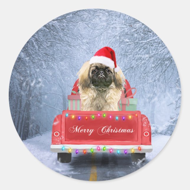 Pekingese Dog in Snow sitting in Christmas Truck  Classic Round Sticker (Front)