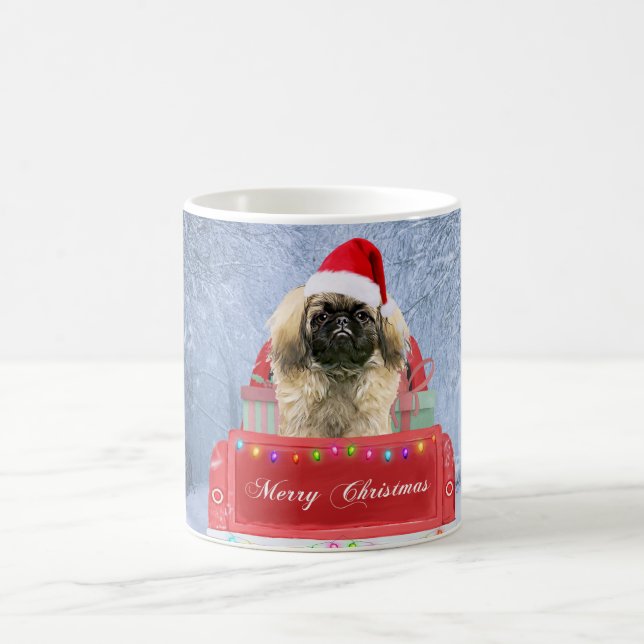 Pekingese Dog in Snow sitting in Christmas Truck  Coffee Mug (Center)