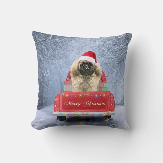 Pekingese Dog in Snow sitting in Christmas Truck  Cushion (Front)