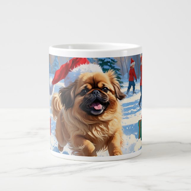 Pekingese Dog Running in Snow with Christmas Hat Large Coffee Mug (Front)