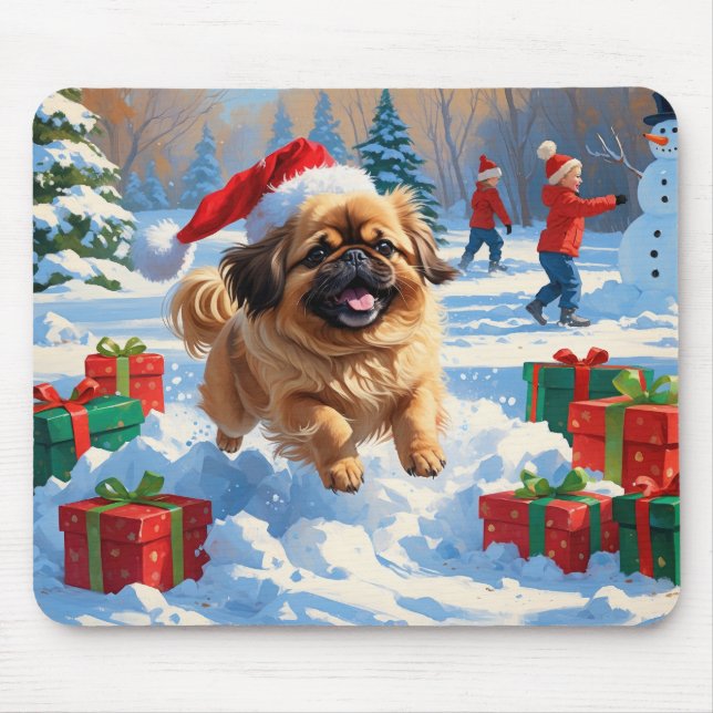 Pekingese Dog Running in Snow with Christmas Hat Mouse Pad (Front)