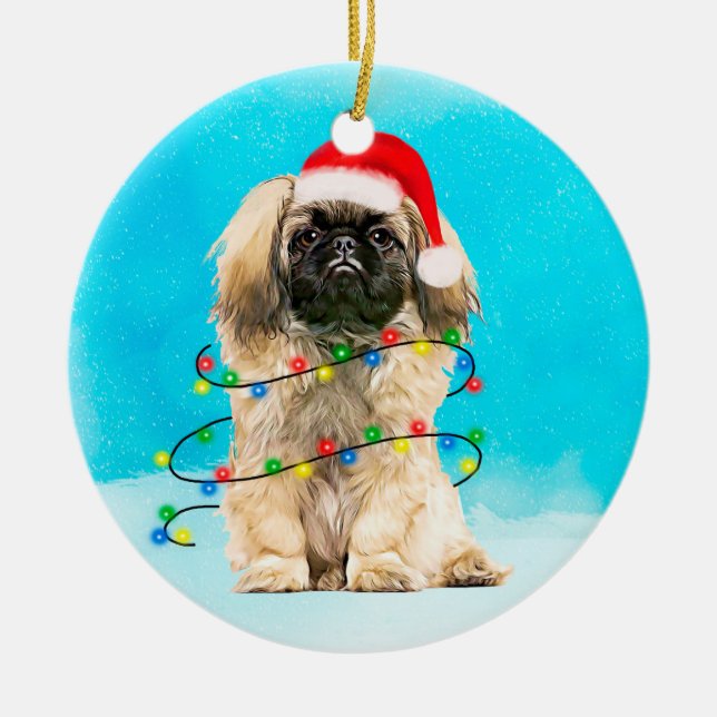 Pekingese Dog Sitting In Snow Christmas Hat Lights Ceramic Ornament (Front)