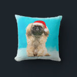 Pekingese Dog Sitting On Beach Christmas Hat Cushion<br><div class="desc">Pekingese Dog Sitting in snow with Christmas Santa Hat Square Pillow.a perfect gift idea for someone who love this dog breed.</div>