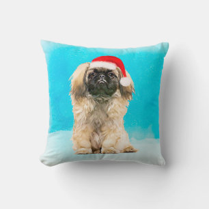 Pekingese Dog Sitting On Beach Christmas Hat Cushion