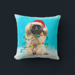 Pekingese Dog Sitting On Beach Christmas Hat Cushion<br><div class="desc">Pekingese Dog Sitting in snow with Christmas Santa Hat Square Pillow.a perfect gift idea for someone who love this dog breed.</div>