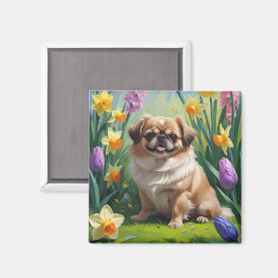 Pekingese Dog Spring Flowers Painting Magnet