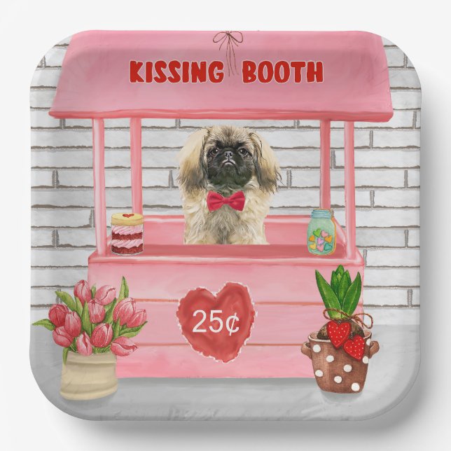 pekingese Dog Valentine's Day Kissing Booth Paper Plate (Front)