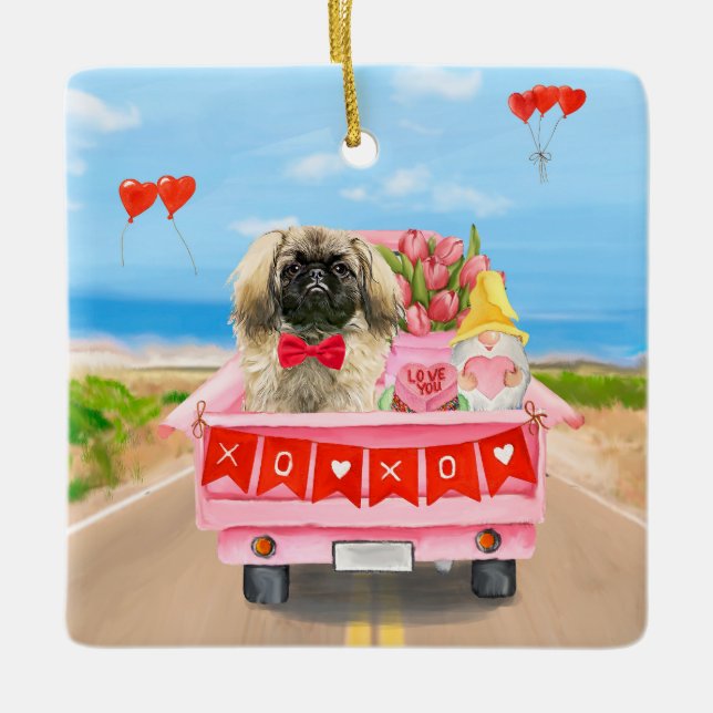 Pekingese Dog Valentine's Day Truck Hearts Ceramic Ornament (Front)