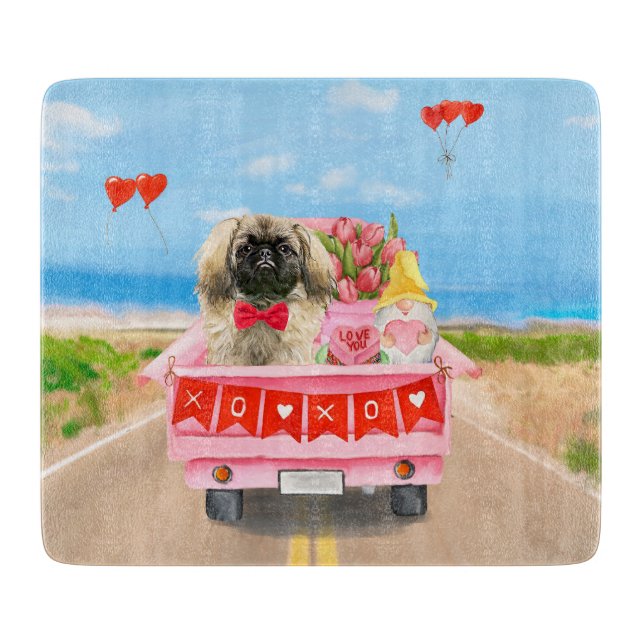 Pekingese Dog Valentine's Day Truck Hearts Cutting Board (Front)