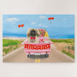 Pekingese Dog Valentine's Day Truck Hearts Jigsaw Puzzle