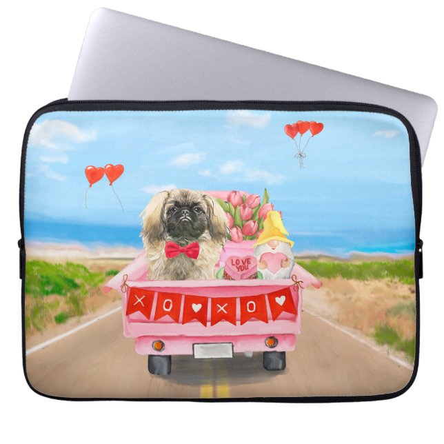 Pekingese Dog Valentine's Day Truck Hearts Laptop Sleeve (Front)