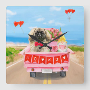 Pekingese Dog Valentine's Day Truck Hearts Square Wall Clock
