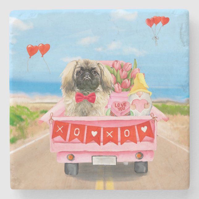 Pekingese Dog Valentine's Day Truck Hearts Stone Coaster (Front)