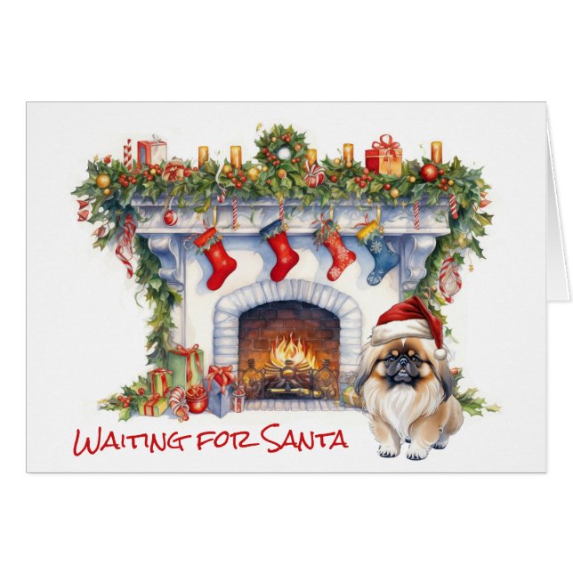Pekingese Dog Wait for Santa Fireplace (Front Horizontal)