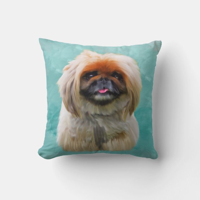 Pekingese Dog Watercolor Art Portrait Cushion (Front)