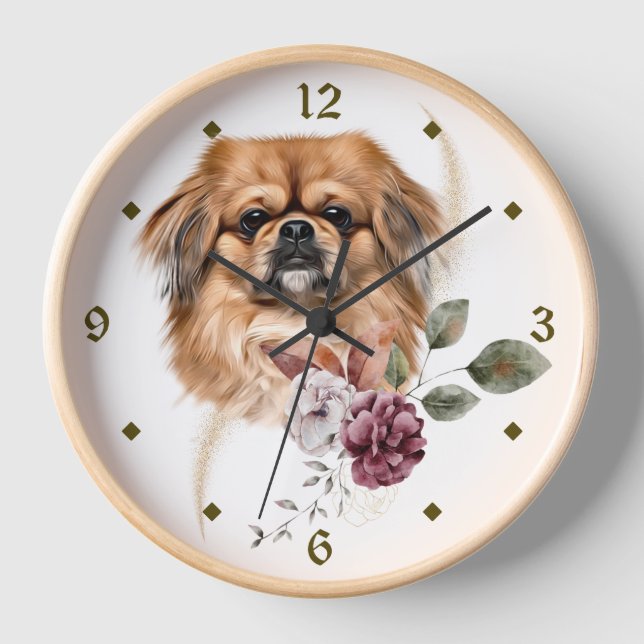 Pekingese Dog Winter Bouquet Clock (Front)