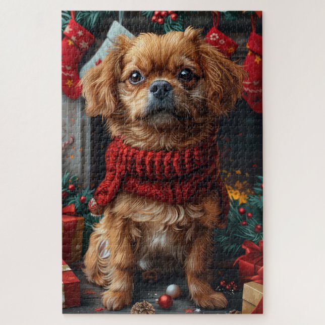 Pekingese Dog With Christmas Gifts Fireplace Jigsaw Puzzle (Vertical)
