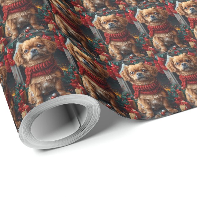 Pekingese Dog With Christmas Gifts Fireplace Wrapping Paper (Roll Corner)