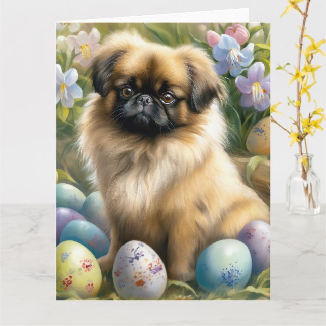 Pekingese Dog with Easter Eggs Holiday  Card (Yellow Flower)