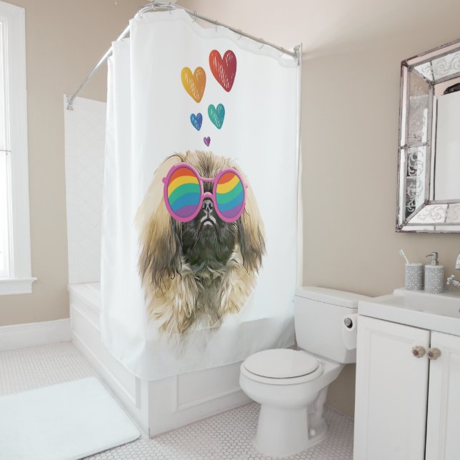 Pekingese Dog with Hearts Valentine's Day Shower Curtain (In Situ)