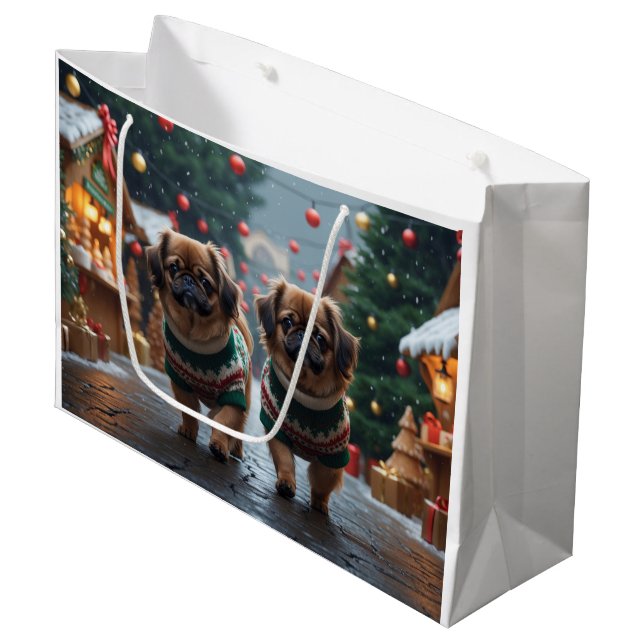 Pekingese Dogs Christmas Snow Holiday Large Gift Bag (Front Angled)
