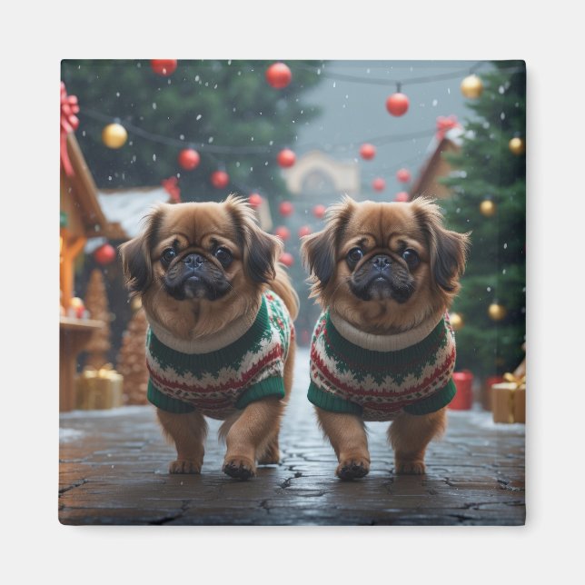 Pekingese Dogs Christmas Snow Holiday Magnet (Front)