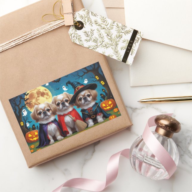 Pekingese Dogs Pumpkin Halloween Funny Rectangular Sticker (Gifting)