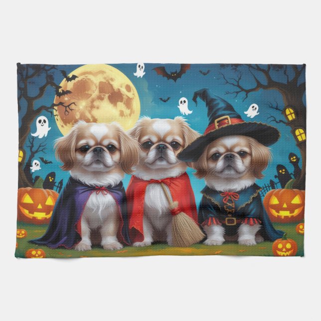 Pekingese Dogs Pumpkin Halloween Funny Tea Towel (Horizontal)